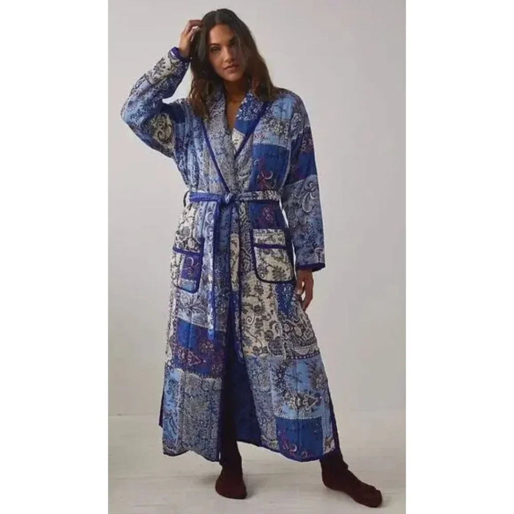 NEW Free People Intimately In Your Dream Robe Blue Paisley Size S $299 [jb] - Picture 2 of 9